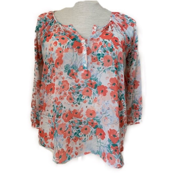LC Lauren Conrad Tops - LC Lauren Conrad Sheer Coral Floral Peasant Blouse